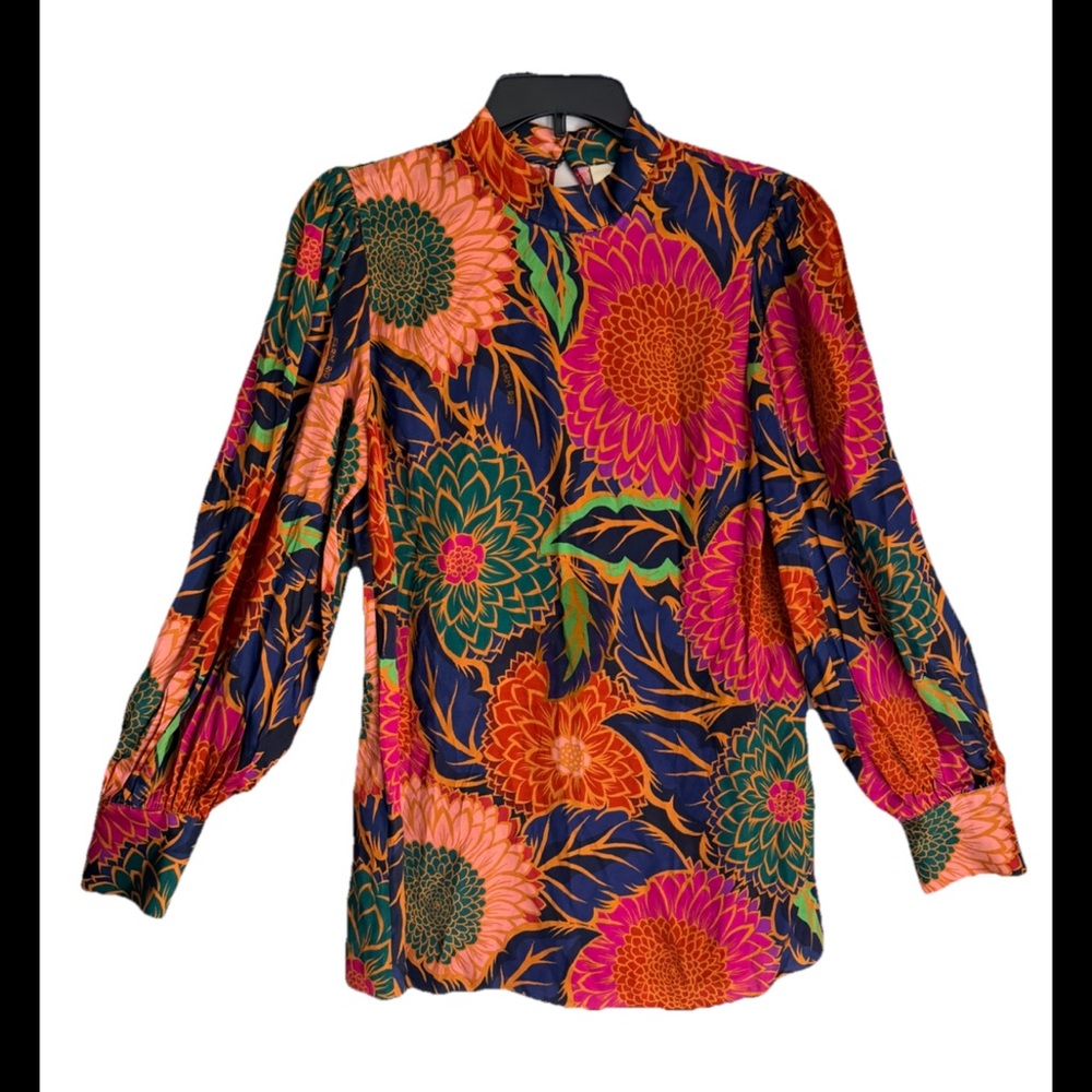FARM RIO Anthropologie Vintage Garden Colorful Satin Blouse Sz M NWT!